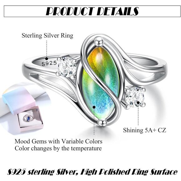 925 Sterling Silver Mood Ring Women Color Change Cubic Zirconia 18K Gold Plated - Picture 3 of 5